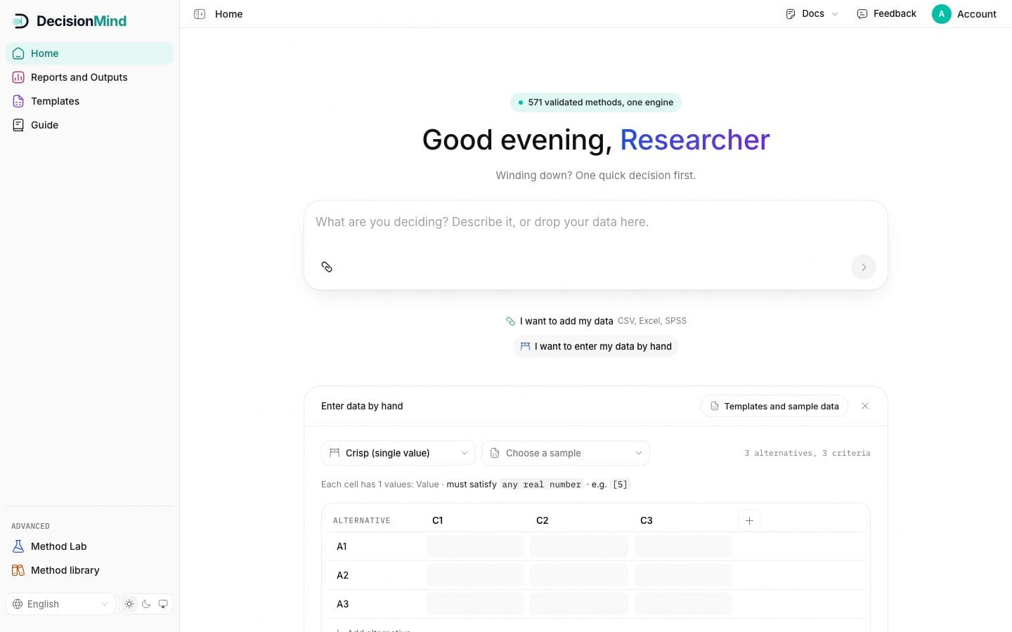 Home with Enter by hand open: data type, sample fill, table size, then the cells.