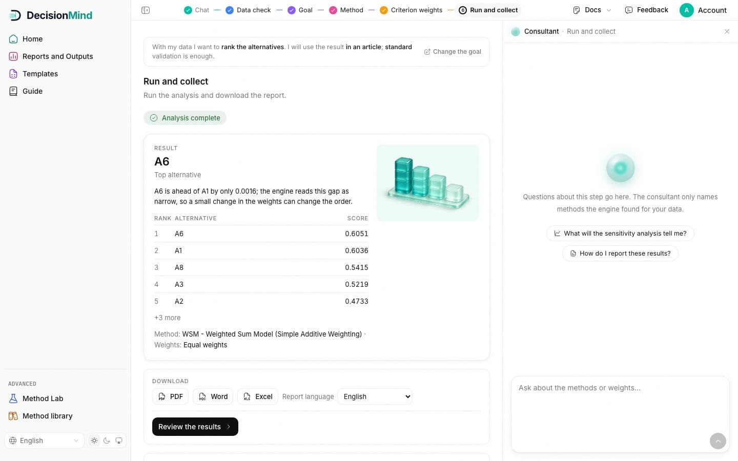 Run and collect after the run: the result card with the top alternative, the ranking and the downloads.