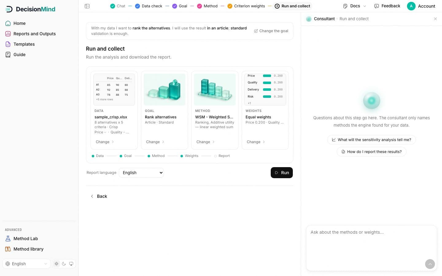 Run and collect before the run: Data, Goal, Method and Weights on one line, report language, Run.