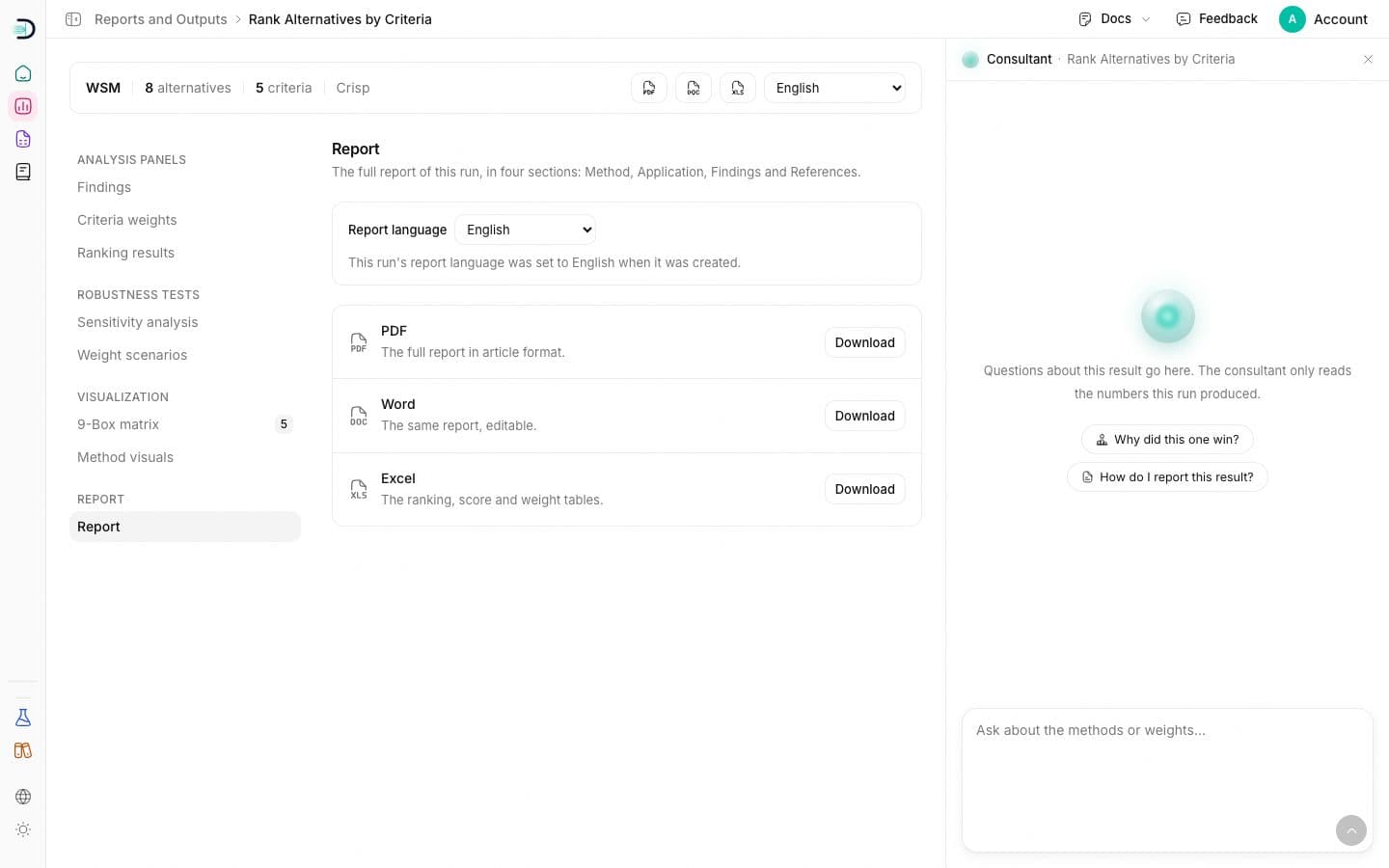 Results page, Report panel: the report language and the PDF, Word and Excel rows.