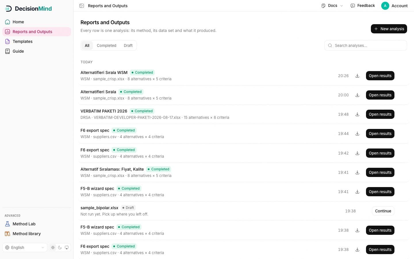 Reports and Outputs: completed rows with Open results, a draft row with Continue, filters and search.