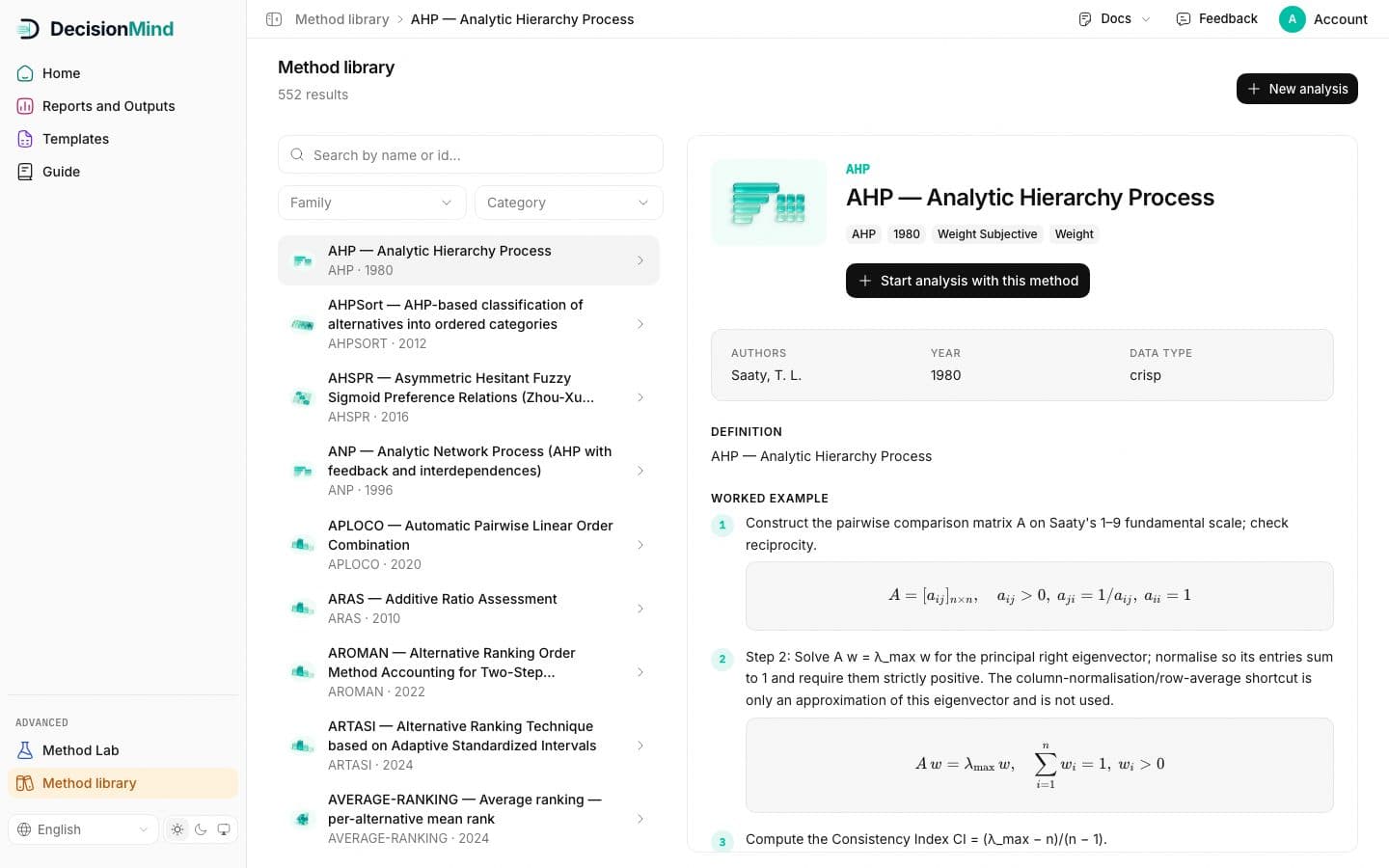 Method library: search and filters on the left, a method's page with its worked example on the right.