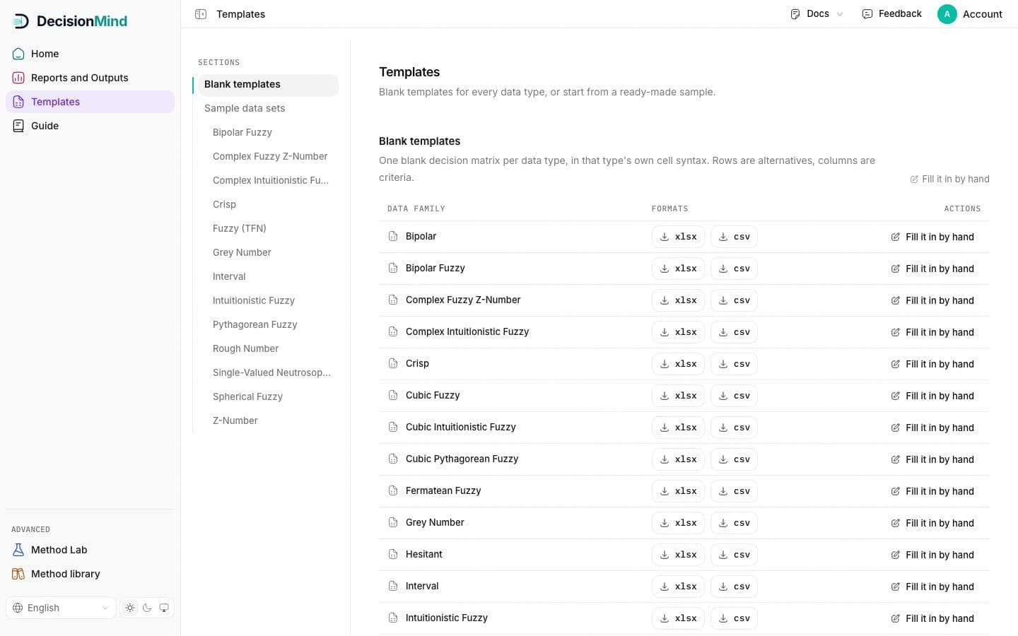 Templates: blank templates per data type with xlsx and csv downloads, sample data sets in the rail.