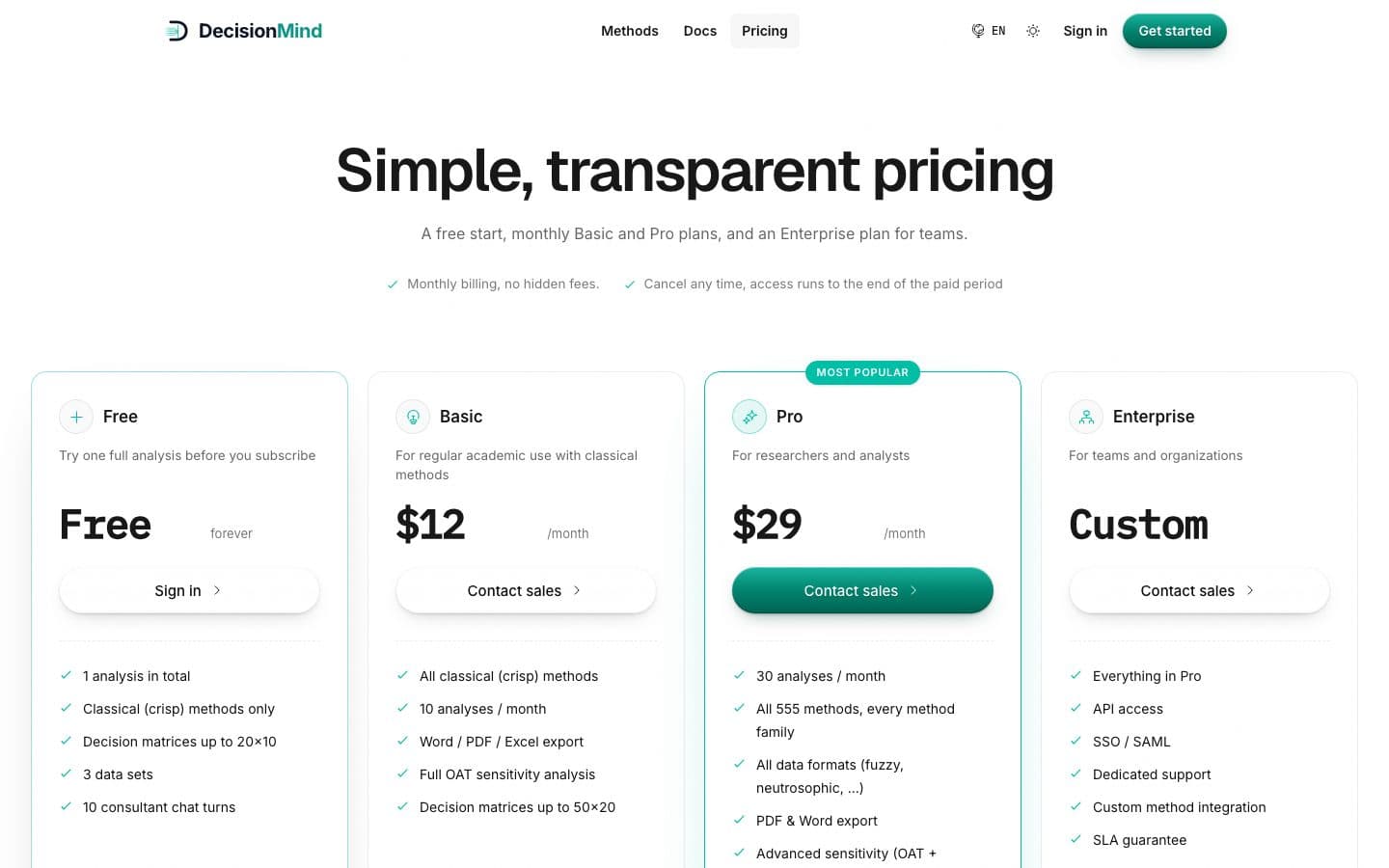 Pricing: the plans side by side with what each includes.