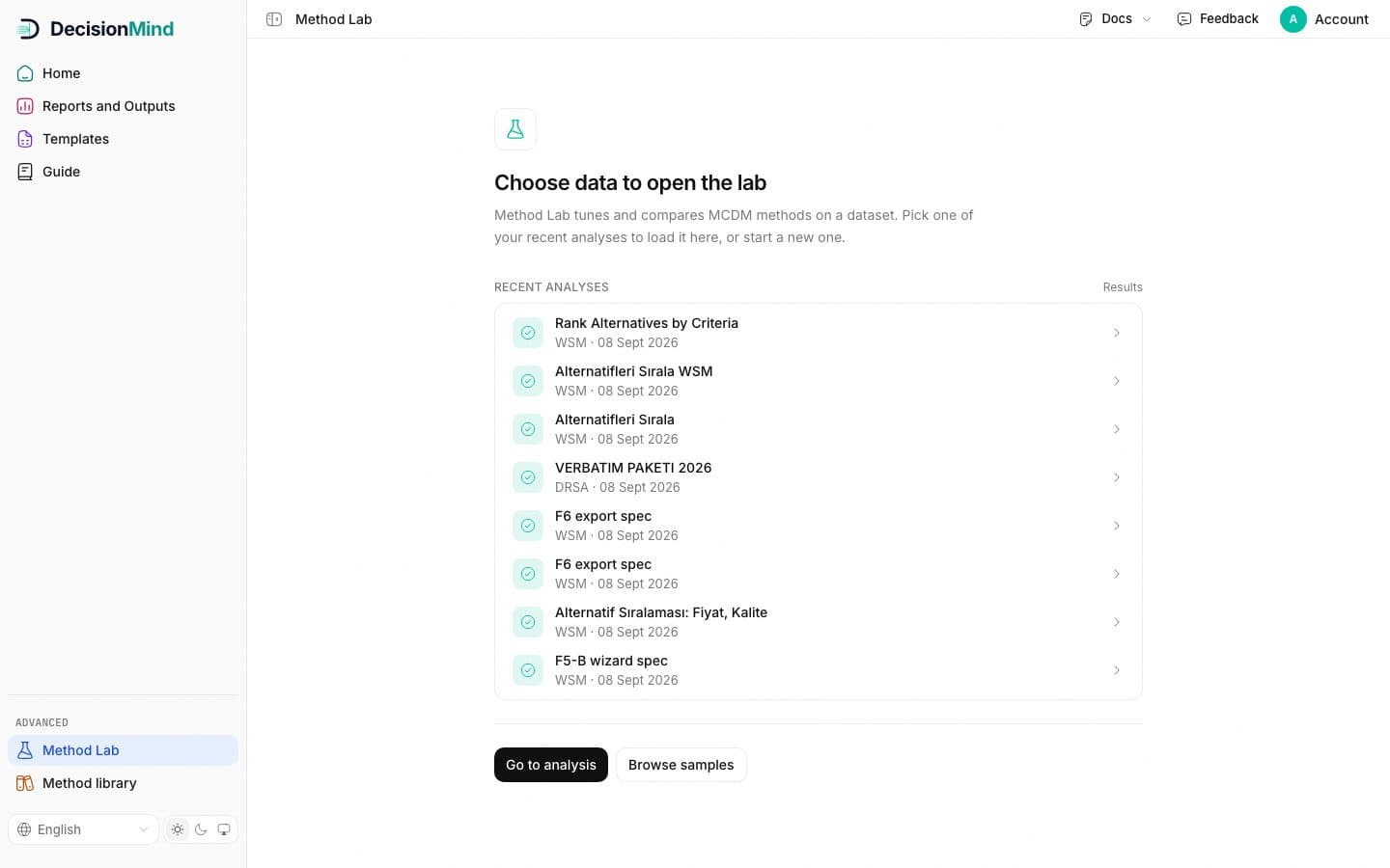 Method Lab entry: recent analyses to open the lab on, Go to analysis and Browse samples.