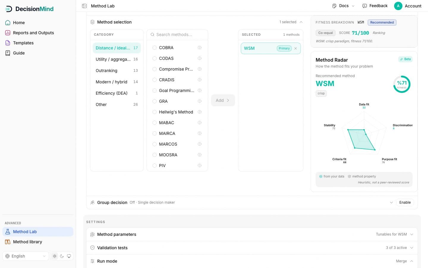 Method selection: categories, the methods of one category with search, and the selected pool with the primary method.