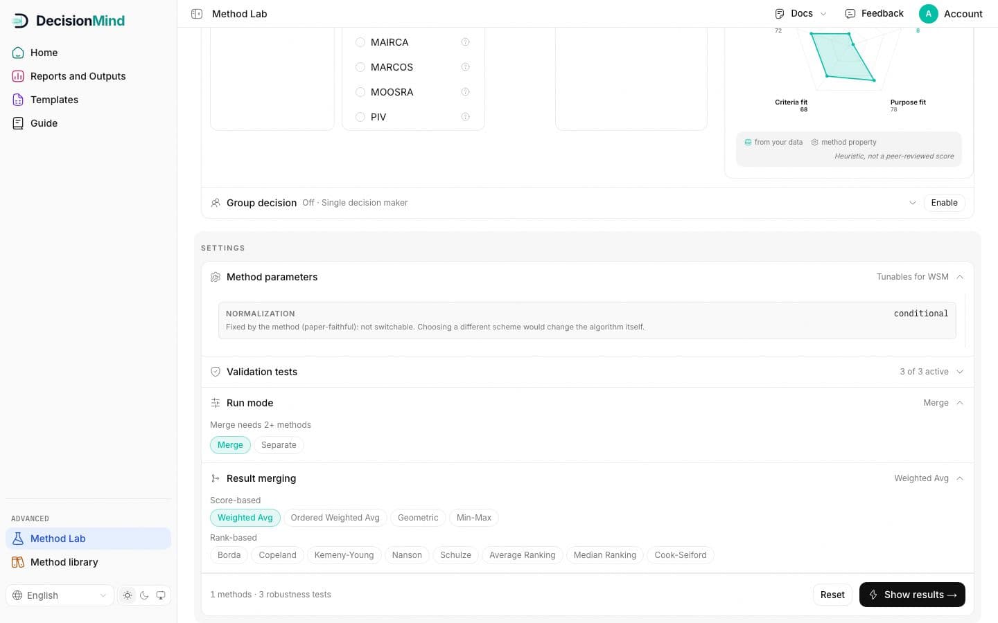 Settings: Method parameters, Validation tests and Group decision rows.